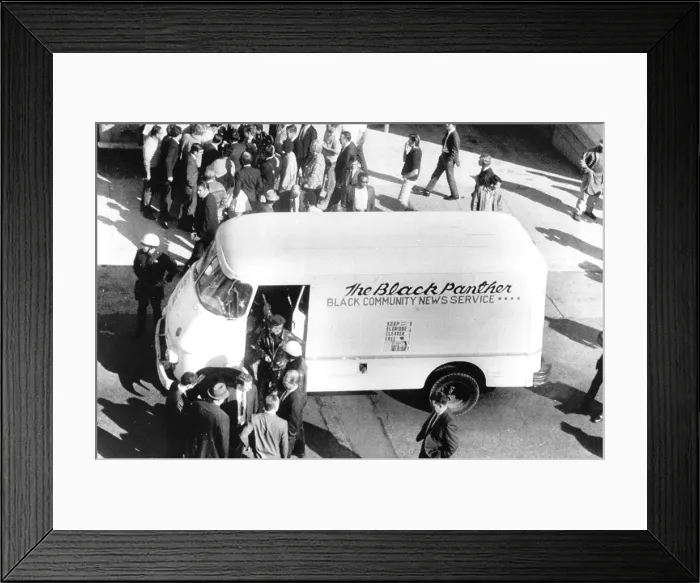 Framed Print : Black Panthers, three police officers were shot when they stopped this truck matching description of gas station holdup getaway vehicle. 11-19-1968, San Francisco, CA