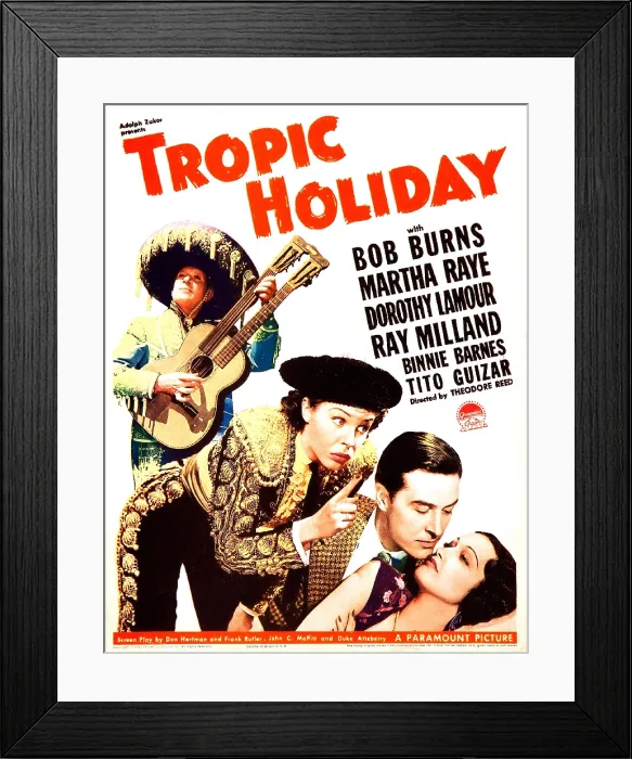 Framed Print : TROPIC HOLIDAY, US poster art, from left: Bob Burns, Martha Raye, Ray Milland, Dorothy Lamour, 1938 Framed Print : TROPIC HOLIDAY, US poster art, from left: Bob Burns, Martha Raye, Ray Milland, Dorothy Lamour, 1938
