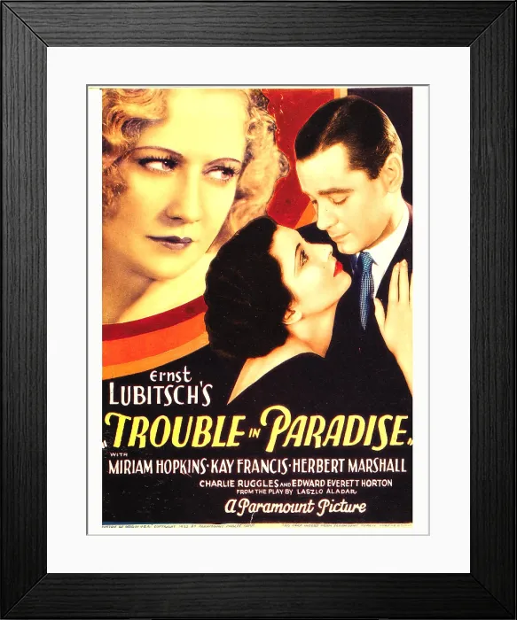 Framed Print : TROUBLE IN PARADISE, from left: Miriam Hopkins, Kay Francis, Herbert Marshall on midget window card, 1932 Framed Print : TROUBLE IN PARADISE, from left: Miriam Hopkins, Kay Francis, Herbert Marshall on midget window card, 1932