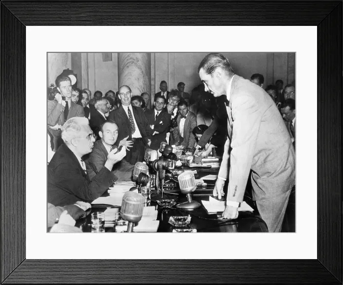 Framed Print : Howard Hughes (right) confers with Senator Homer Ferguson, chairman of the Senate War Investigation subcommittee, 1947. Courtesy: CSU Archives / Everett Collection