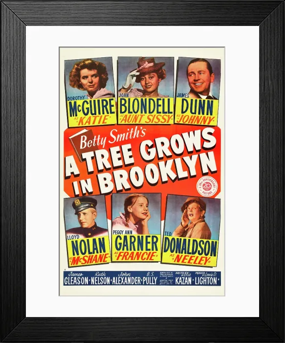 Framed Print : A TREE GROWS IN BROOKLYN, top from left: Dorothy McGuire, Joan Blondell, James Dunn, bottom from left: Lloyd Nolan, Peggy Ann Garner, Ted Donaldson on poster art, 1945 Framed Print : A TREE GROWS IN BROOKLYN, top from left: Dorothy McGuire, Joan Blondell, James Dunn, bottom from left: Lloyd Nolan, Peggy Ann Garner, Ted Donaldson on poster art, 1945