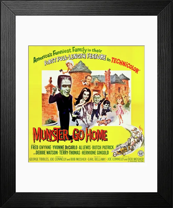 Framed Print : MUNSTER, GO HOME, l-r: Fred Gwynne, Hermione Gingold, Terry Thomas, Yvonne DeCarlo, Al Lewis, Butch Patrick, Debbie Watson on window card, 1966 Framed Print : MUNSTER, GO HOME, l-r: Fred Gwynne, Hermione Gingold, Terry Thomas, Yvonne DeCarlo, Al Lewis, Butch Patrick, Debbie Watson on window card, 1966