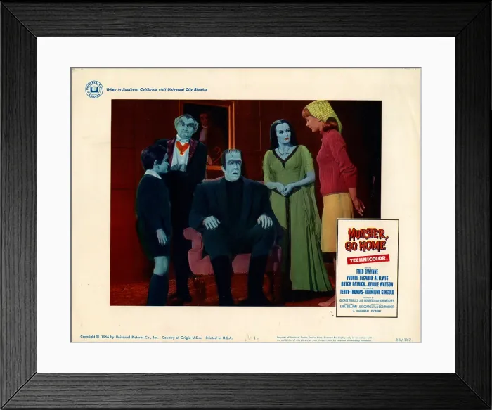 Framed Print : MUNSTER, GO HOME, from left, Butch Patrick, Al Lewis, Fred Gwynne, Yvonne De Carlo, Debbie Watson, 1966
