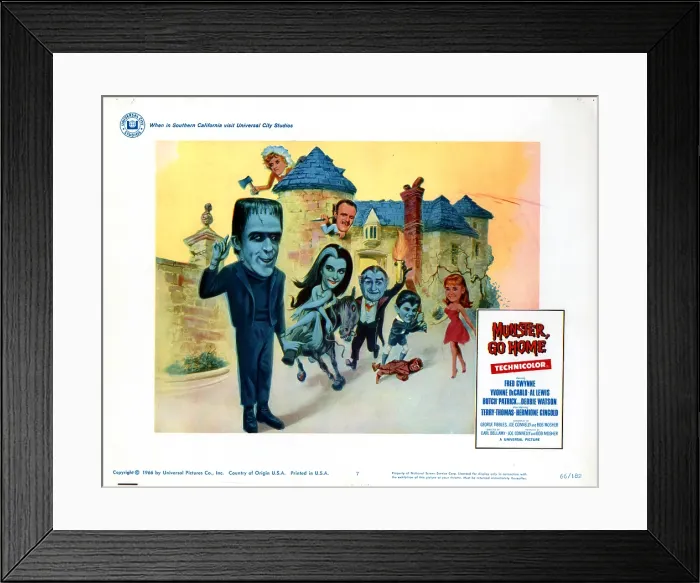 Framed Print : MUNSTER, GO HOME, from left, bottom, Fred Gwynne, Yvonne De Carlo, Al Lewis, Butch Patrick, Debbie Watson, top, Hermione Gingold, Terry-Thomas, 1966