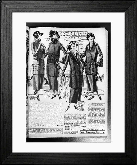 Framed Print : A page from a 1923 Sears Roebuck catalog offering women's wool skirt suits for sale, ranging in cost from $12.98 to $28.95. Photo: Courtesy: CSU Archives / Everett Collection Framed Print : A page from a 1923 Sears Roebuck catalog offering women's wool skirt suits for sale, ranging in cost from $12.98 to $28.95. Photo: Courtesy: CSU Archives / Everett Collection