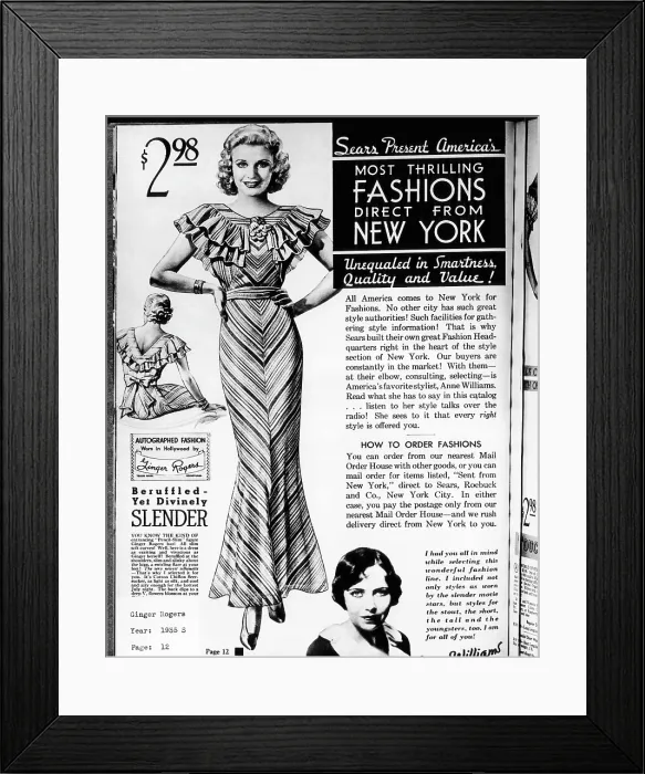 Framed Print : A page from a 1935 Sears Roebuck catalog offering an Autographed Fashion: Worn in Hollywood by Ginger Rogers dress for sale Framed Print : A page from a 1935 Sears Roebuck catalog offering an Autographed Fashion: Worn in Hollywood by Ginger Rogers dress for sale