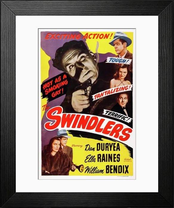 Framed Print : WHITE TIE AND TAILS, (aka THE SWINDLERS), US poster, bottom from left: Ella Raines, Dan Duryea, William Bendix (gun), right from top: Dan Duryea, Ella Raines, William Bendix, 1946 Framed Print : WHITE TIE AND TAILS, (aka THE SWINDLERS), US poster, bottom from left: Ella Raines, Dan Duryea, William Bendix (gun), right from top: Dan Duryea, Ella Raines, William Bendix, 1946