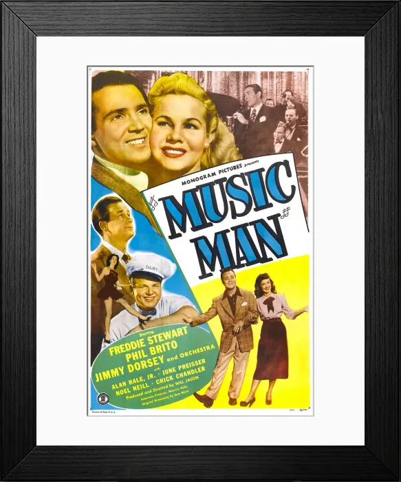 Framed Print : MUSIC MAN, US poster, top from left: Freddie Stewart, June Preisser, top right: Jimmy Dorsey and his orchestra, center from top: Chick Chandler, Alan Hale Jr