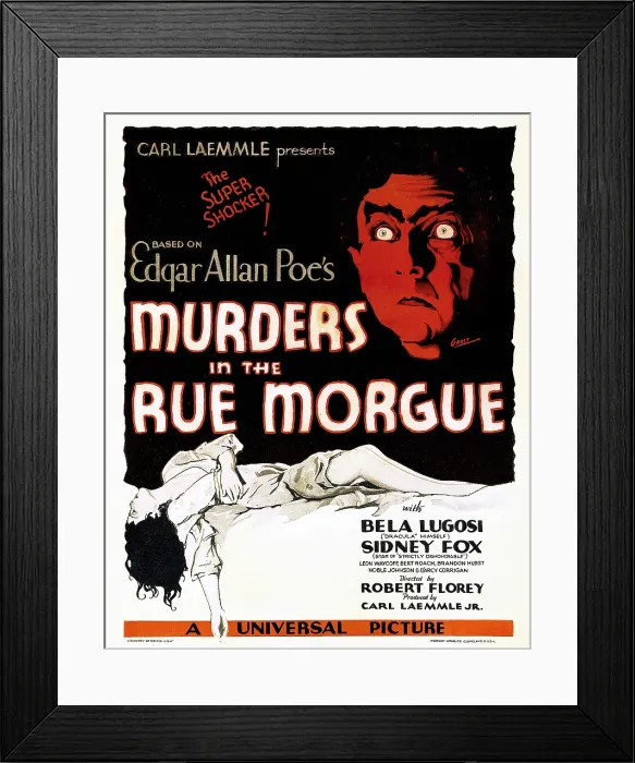 Framed Print : MURDERS IN THE RUE MORGUE, top right: Bela Lugosi, on window card, 1932 Framed Print : MURDERS IN THE RUE MORGUE, top right: Bela Lugosi, on window card, 1932