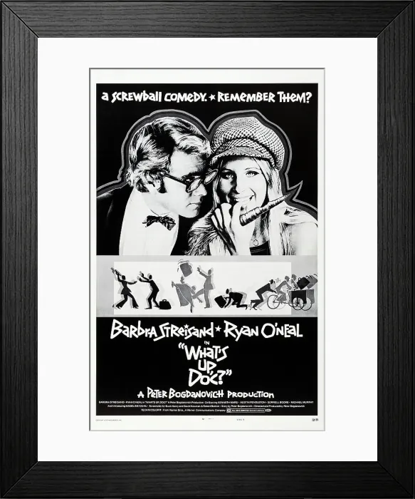 Framed Print : WHAT'S UP DOC?, US poster art, from left: Ryan O'Neal, Barbra Streisand, 1972 Framed Print : WHAT'S UP DOC?, US poster art, from left: Ryan O'Neal, Barbra Streisand, 1972