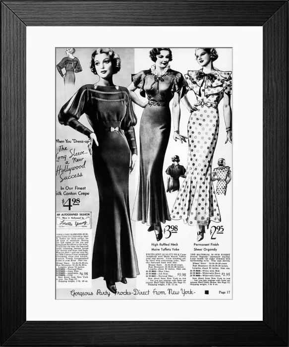 Framed Print : A page from a 1935 Sears Roebuck catalog offering an Autographed Fashion: Worn in Hollywood by Loretta Young dress for sale, inspired by Loretta Young and costing $4.98 Framed Print : A page from a 1935 Sears Roebuck catalog offering an Autographed Fashion: Worn in Hollywood by Loretta Young dress for sale, inspired by Loretta Young and costing $4.98