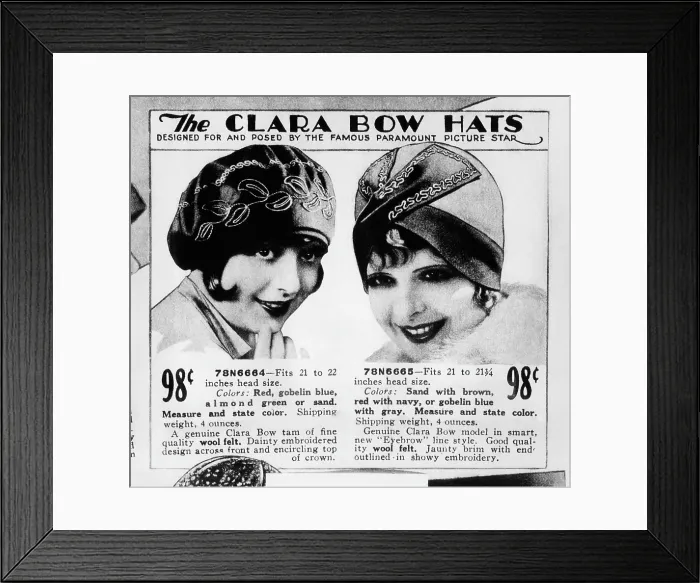 Framed Print : A page from a 1928 Sears Roebuck catalog offering Clara Bow Hats: Designed For and Posed By the Famous Paramount Picture Star, costing 98 cents each