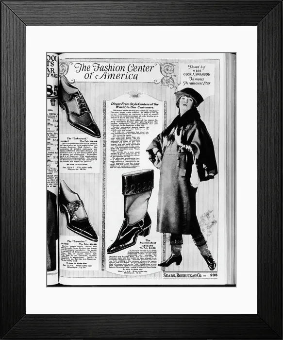 Framed Print : A page from a 1922 Sears Roebuck catalog offering The Russian Boot costing $4.98 a pair, and Posed by Miss Gloria Swanson