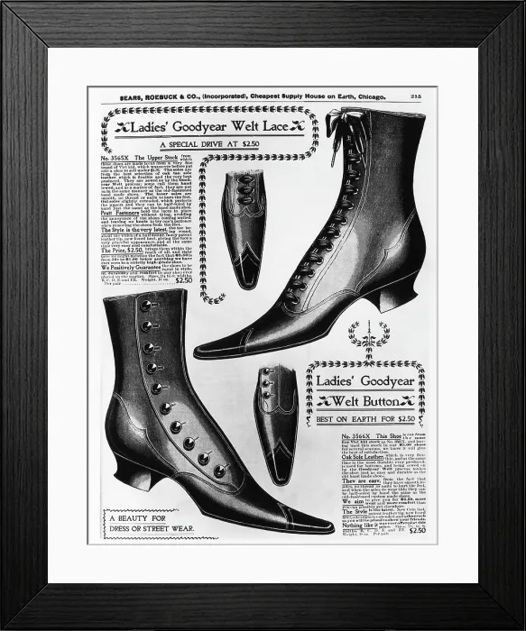 Framed Print : A page from an 1897 Sears Roebuck catalog offering Ladies Goodyear Welt Lace and Button boots, each costing $2.50 a pair. Photo: Courtesy: CSU Archives / Everett Collection