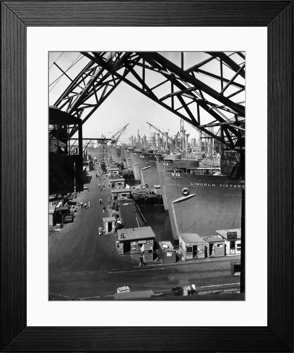 Framed Print : California Shipbuilding Corp. yard filled with nearly completed victory ships. ca. 1944. Courtesy: CSU Archives / Everett Collection Framed Print : California Shipbuilding Corp. yard filled with nearly completed victory ships. ca. 1944. Courtesy: CSU Archives / Everett Collection