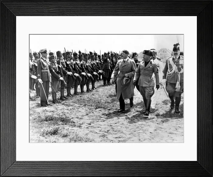 Framed Print : Adolf Hitler and Benito Mussolini as they inspect Italian Blackshirts shorty after Hilter's arrival in Venice, Italy. August 1934. Courtesy: CSU Archives / Everett Collection