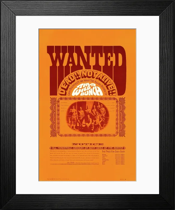 Framed Print : THE WILD BUNCH, l-r: Jaime Sanchez, Ernest Borgnine, Rayford Barnes, Ben Johnson, William Holden, Warren Oates on poster art, 1969