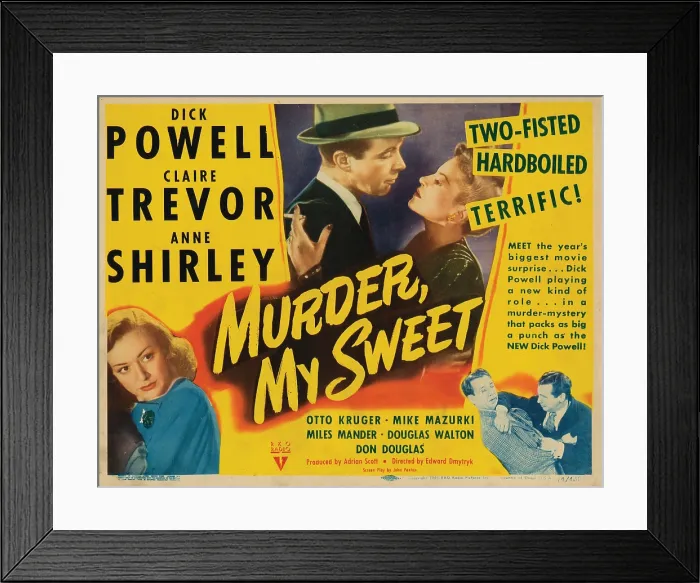 Framed Print : MURDER, MY SWEET, lobbycard, top, from left: Dick Powell, Claire Trevor, bottom, from left: Anne Shirley, Mike Mazurki, Dick Powell, 1944 Framed Print : MURDER, MY SWEET, lobbycard, top, from left: Dick Powell, Claire Trevor, bottom, from left: Anne Shirley, Mike Mazurki, Dick Powell, 1944