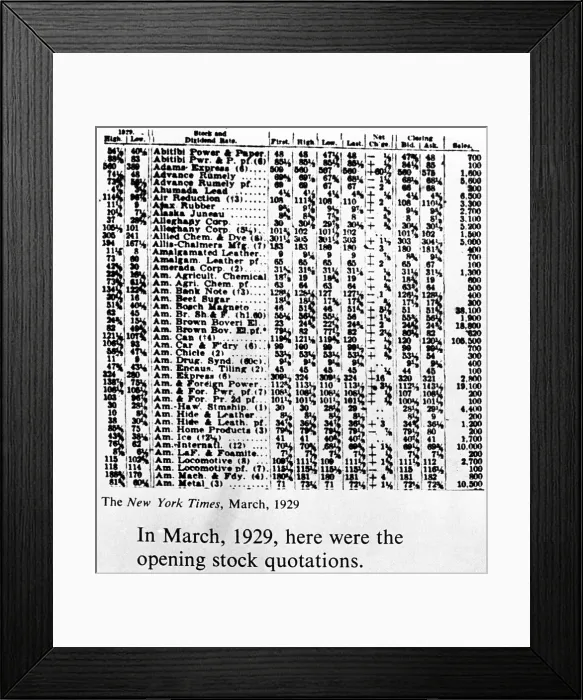 Framed Print : The opening stock quotations in the New York Times newspaper, March 1929 Courtesy: CSU Archives / Everett Collection