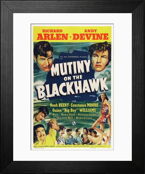 Framed Print : MUTINY ON THE BLACKHAWK, US poster art, top from left: Richard Arlen, Andy Devine; bottom left: Richard Arlen, Noah Beery, 1939
