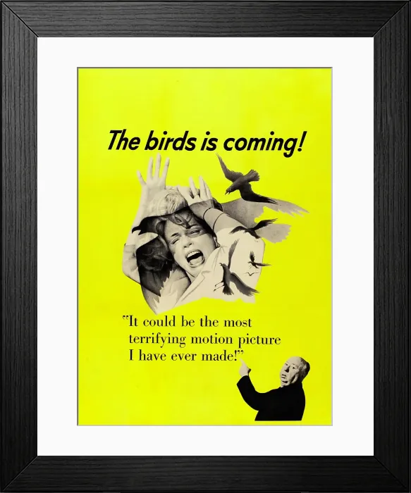 Framed Print : THE BIRDS, top: Tippi Hedren, bottom right: Alfred Hitchcock on Canadian poster art, 1963