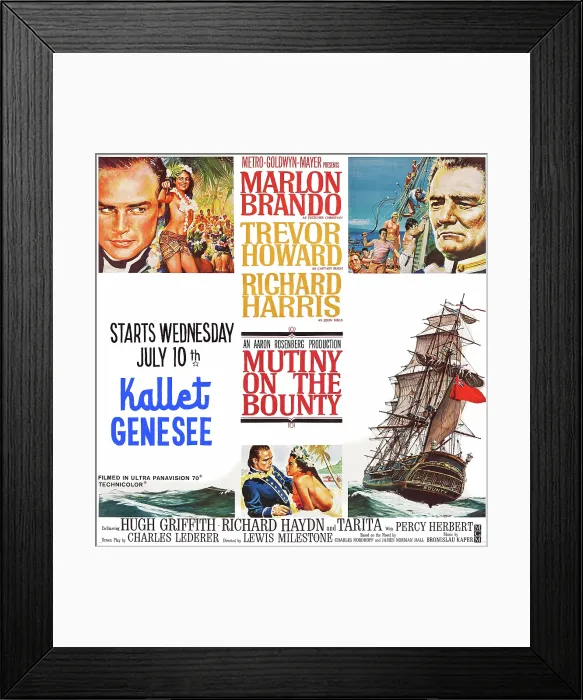 Framed Print : MUTINTY ON THE BOUNTY, US advance poster art, top from left: Marlon Brando, Tarita, Trevor Howard; botton insert from left: Marlon Brando, Tarita, 1962 Framed Print : MUTINTY ON THE BOUNTY, US advance poster art, top from left: Marlon Brando, Tarita, Trevor Howard; botton insert from left: Marlon Brando, Tarita, 1962