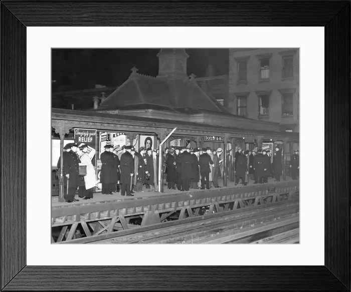 Framed Print : New York City police await the arrival of the last train on the soon to be demolished Sixth Avenue el. December 4, 1938. Courtesy: CSU Archives / Everett Collection Framed Print : New York City police await the arrival of the last train on the soon to be demolished Sixth Avenue el. December 4, 1938. Courtesy: CSU Archives / Everett Collection