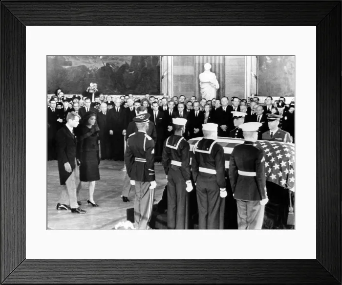 Framed Print : Attorney General Robert F. Kennedy, Jacqueline Kennedy, approach the casket of the assassinated President John F. Kennedy, in the rotunda of the Capitol, November 25, 1963