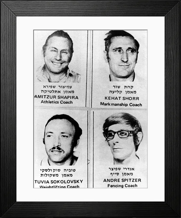 Framed Print : 1972 Olympics, Hostages held by Black September'. Top left - Amitzur Shapira, Top right - Kehat Shorr, Bot. Left - Tuvia Sokolovsky (escaped), Bot. right - Andre Spitzer