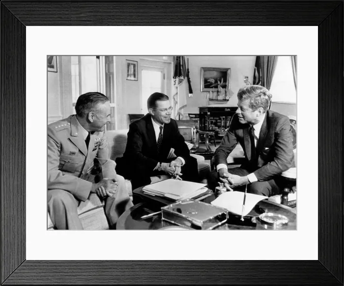 Framed Print : Defense Secretary Robert McNamara (center), meeting with President John F