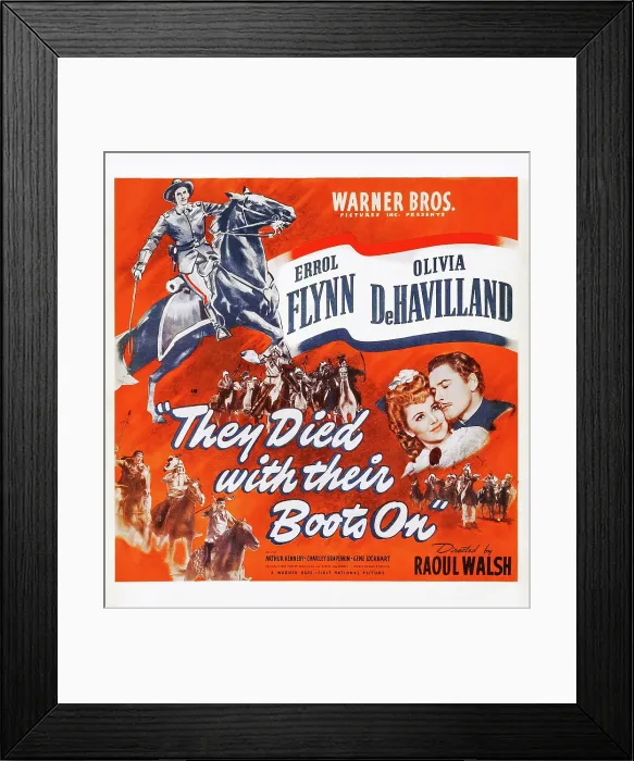 Framed Print : THEY DIED WITH THEIR BOOTS ON, US poster art, bottom right: Olivia de Havilland, Errol Flynn, 1941 Framed Print : THEY DIED WITH THEIR BOOTS ON, US poster art, bottom right: Olivia de Havilland, Errol Flynn, 1941