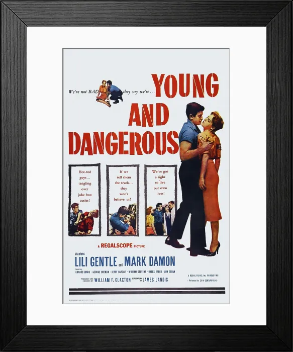 Framed Print : YOUNG AND DANGEROUS, US poster art, from left: Mark Damon, Lili Gentle, 1957. TM & Copyright 20th Century Fox Film Corp. All rights reserved / courtesy Everett Collection