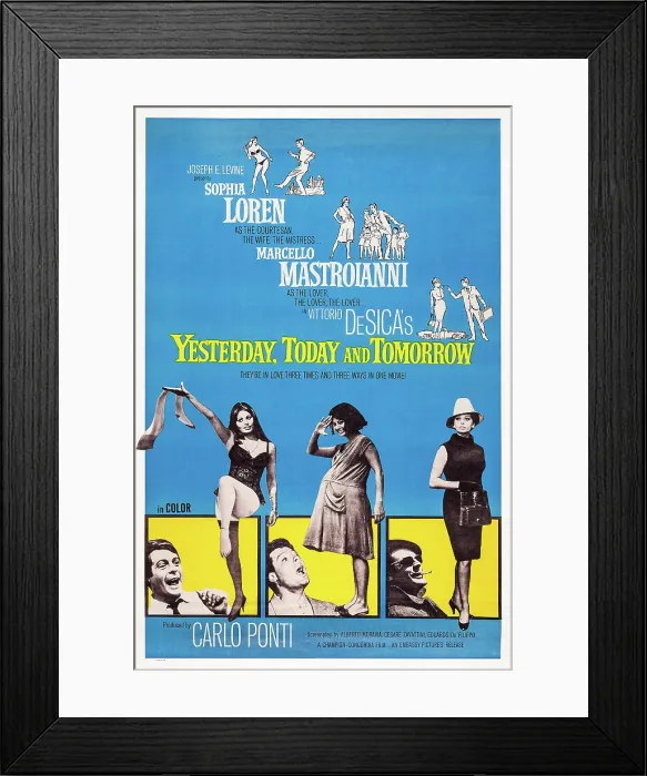 Framed Print : YESTERDAY, TODAY AND TOMORROW, (aka IERI, OGGI, DOMANI), US poster art, from left: Marcello Mastroianni, Sophia Loren, 1963