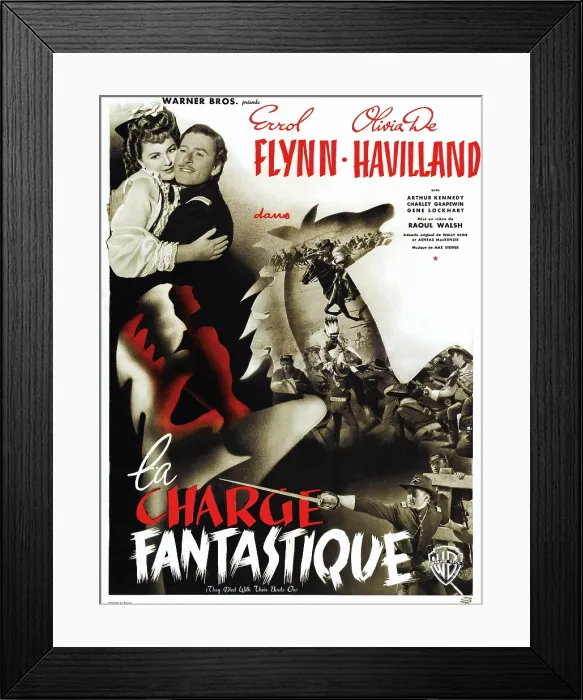 Framed Print : THEY DIED WITH THEIR BOOTS ON, (aka LA CHARGE FANTASTIQUE), l-r: Olivia de Havilland, Errol Flynn on French poster art, 1941 Framed Print : THEY DIED WITH THEIR BOOTS ON, (aka LA CHARGE FANTASTIQUE), l-r: Olivia de Havilland, Errol Flynn on French poster art, 1941
