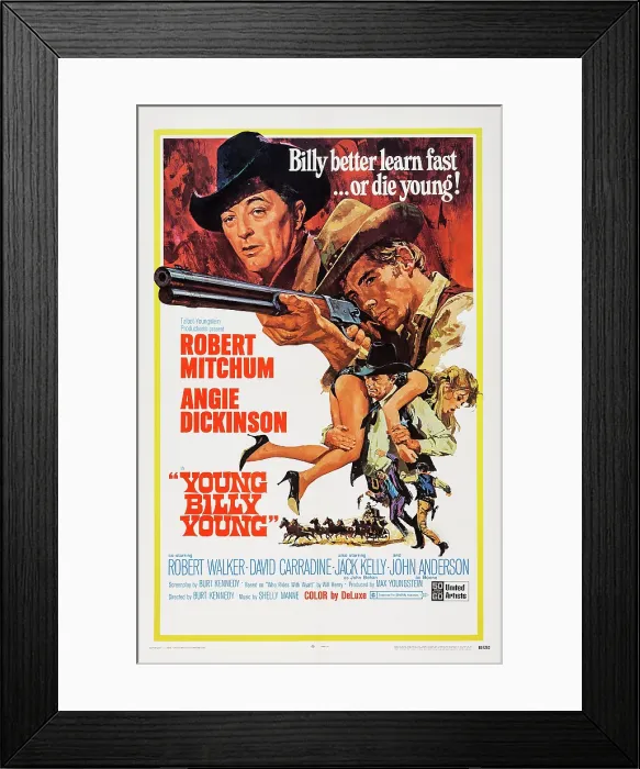 Framed Print : YOUNG BILLY YOUNG, US poster, from top: Robert Mitchum, robert Walker Jr, Robert Mitchum carrying Angie Dickinson, 1969