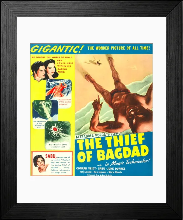 Framed Print : THE THIEF OF BAGDAD, top left: John Justin, June Duprez, bottom left: Sabu, right: Rex Ingram on window card, 1940