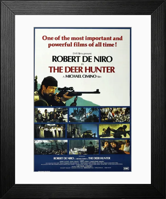 Framed Print : THE DEER HUNTER, British poster, Robert De Niro (top left), 1978, Universal / courtesy Everett Collection Framed Print : THE DEER HUNTER, British poster, Robert De Niro (top left), 1978, Universal / courtesy Everett Collection