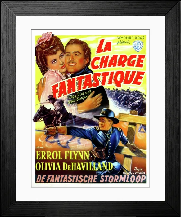 Framed Print : THEY DIED WITH THEIR BOOTS ON, (aka LA CHARGE FANTASTIQUE), Olivia DeHavilland, Errol Flynn, (Belgian poster art), 1941