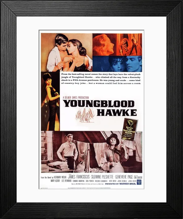 Framed Print : YOUNGBOOD HAWKE, US poster art, top right, blue insert: Suzanne Pleshette, James Franciscus; left, middle insert: Susanne Pleshette; bottom from left: James Franciscus Framed Print : YOUNGBOOD HAWKE, US poster art, top right, blue insert: Suzanne Pleshette, James Franciscus; left, middle insert: Susanne Pleshette; bottom from left: James Franciscus