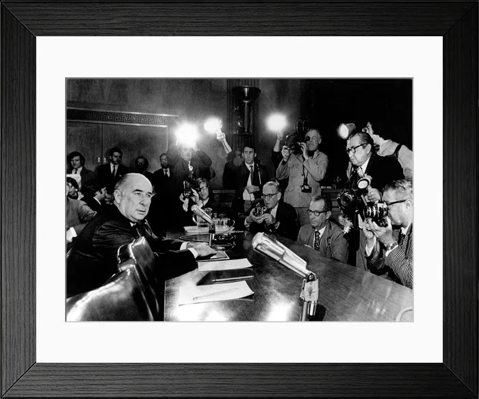Framed Print : Former Attorney General John Mitchell takes the witness stand before the Senate Judiciary Committee during the Watergate investigation. March 14, 1972 Framed Print : Former Attorney General John Mitchell takes the witness stand before the Senate Judiciary Committee during the Watergate investigation. March 14, 1972