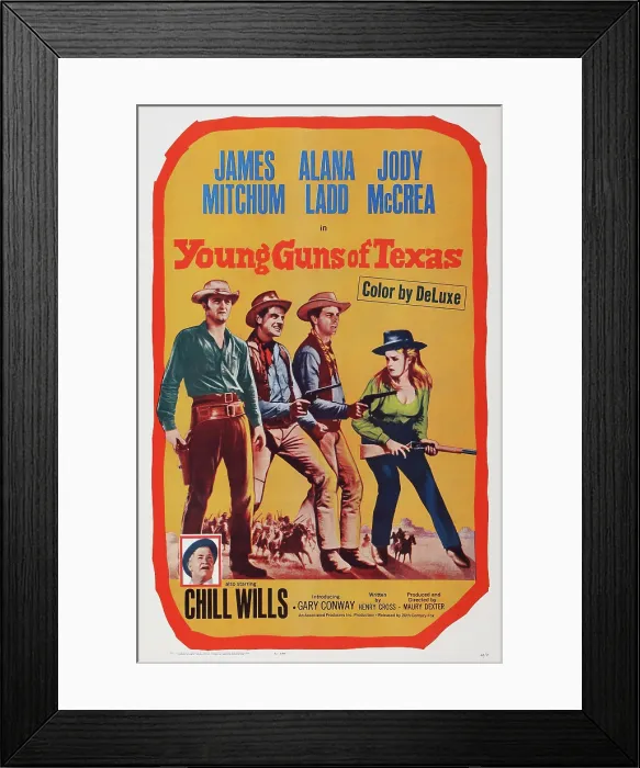 Framed Print : YOUNG GUNS OF TEXAS, US poster art, from bottom insert: Chill Wills, James Mitchum, Gary Conway, Jody McCrea, Alana Ladd, 1962. TM & Copyright 20th Century-Fox Film Corp