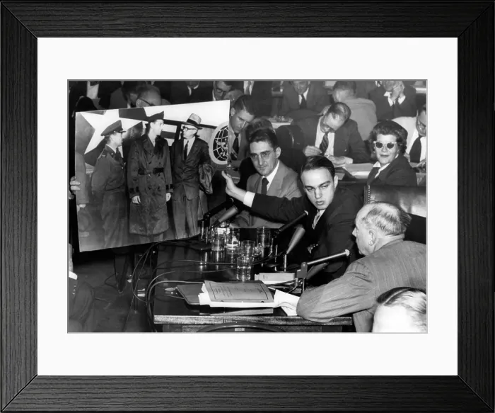 Framed Print : Roy Cohn (center), Senator Joseph McCarthy's attorney during the Army-McCarthy hearings, tries to prove a photo introduced by Army Counsel Joseph Welch (right) was doctored Framed Print : Roy Cohn (center), Senator Joseph McCarthy's attorney during the Army-McCarthy hearings, tries to prove a photo introduced by Army Counsel Joseph Welch (right) was doctored