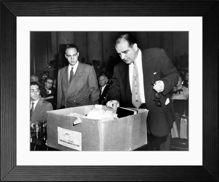 Framed Print : Senator Joseph McCarthy (right) and his attorney, Roy Cohn, examine files during the Army-McCarthy hearings, 1954. Courtesy: CSU Archives / Everett Collection