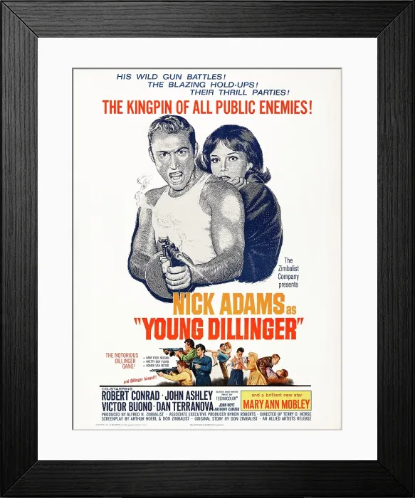 Framed Print : YOUNG DILLINGER, US poster art, from left: Nick Adams, Mary Ann Mobley, 1965