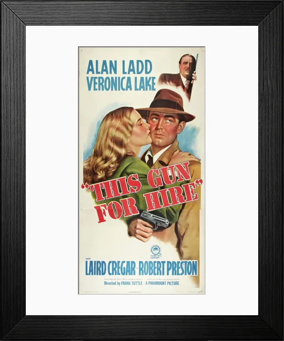 Framed Print : THIS GUN FOR HIRE, top: Laird Cregar, bottom l-r: Veronica Lake, Alan Ladd on poster art, 1942 Framed Print : THIS GUN FOR HIRE, top: Laird Cregar, bottom l-r: Veronica Lake, Alan Ladd on poster art, 1942