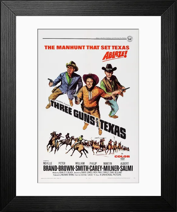 Framed Print : THREE GUNS FOR TEXAS, from left: Neville Brand, William Smith, Peter Brown, 1968 Framed Print : THREE GUNS FOR TEXAS, from left: Neville Brand, William Smith, Peter Brown, 1968