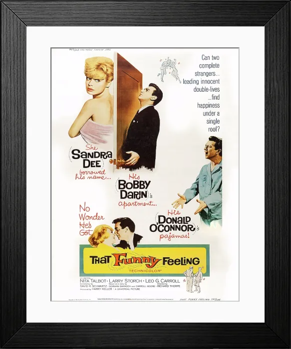 Framed Print : THAT FUNNY FEELING, US poster art, from top left: Sandra Dee, Bobby Darin, Donald O'Connor, 1965 Framed Print : THAT FUNNY FEELING, US poster art, from top left: Sandra Dee, Bobby Darin, Donald O'Connor, 1965