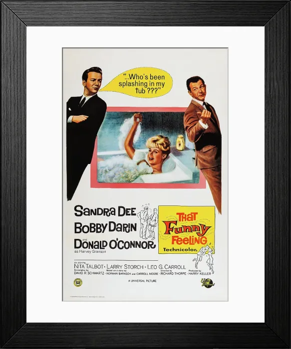 Framed Print : THAT FUNNY FEELING, US poster art, from left: Bobby Darin, Sandra Dee, Donald O'Connor, 1965 Framed Print : THAT FUNNY FEELING, US poster art, from left: Bobby Darin, Sandra Dee, Donald O'Connor, 1965