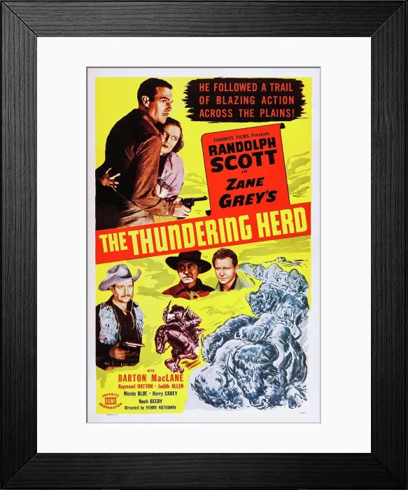 Framed Print : THE THUNDERING HERD, (aka BUFFALO STAMPEDE), top l-r: Randolph Scott, Judith Allen, bottom center: Harry Carey, bottom right: Barton MacLane on poster art, 1933 Framed Print : THE THUNDERING HERD, (aka BUFFALO STAMPEDE), top l-r: Randolph Scott, Judith Allen, bottom center: Harry Carey, bottom right: Barton MacLane on poster art, 1933