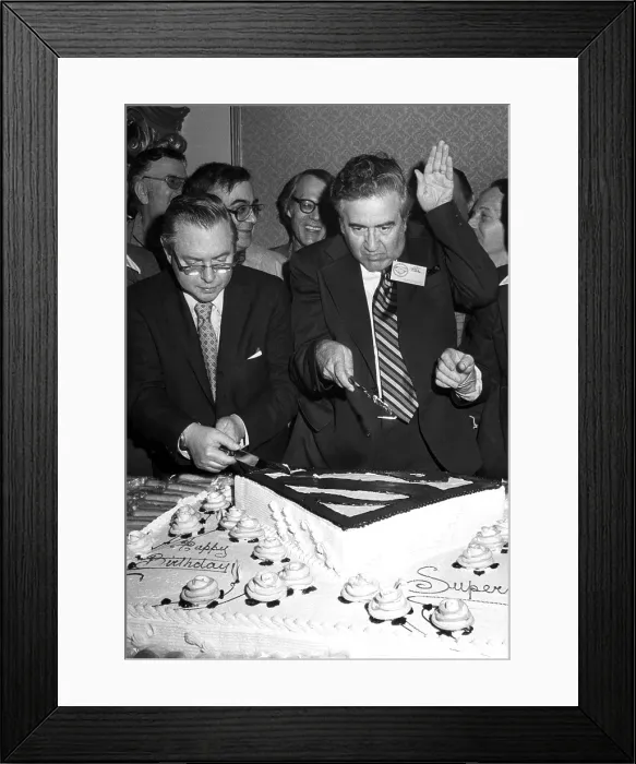 Framed Print : JOE SHUSTER, with Jerry Siegel celebrating their creation Superman's birthday in 1976.. Courtesy: CSU Archives  /  Everett Collection